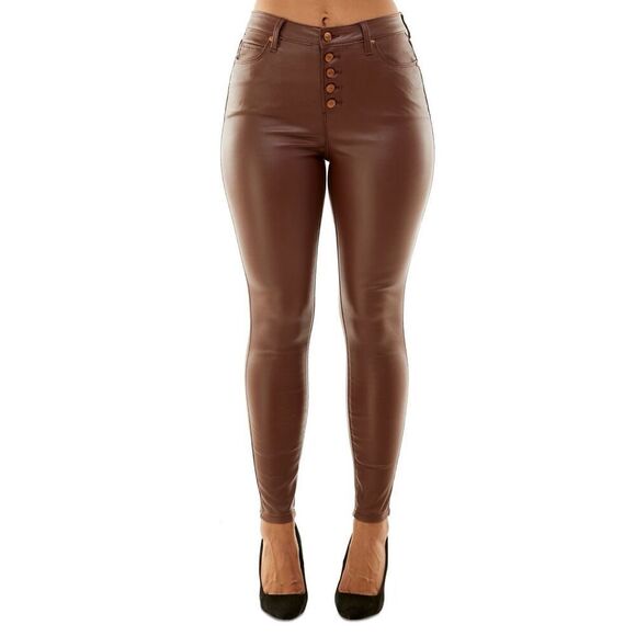 Crave Fame Juniors' Faux-Leather Exposed-Button High-Rise Skinny Jeans - Brown S - Picture 1 of 3